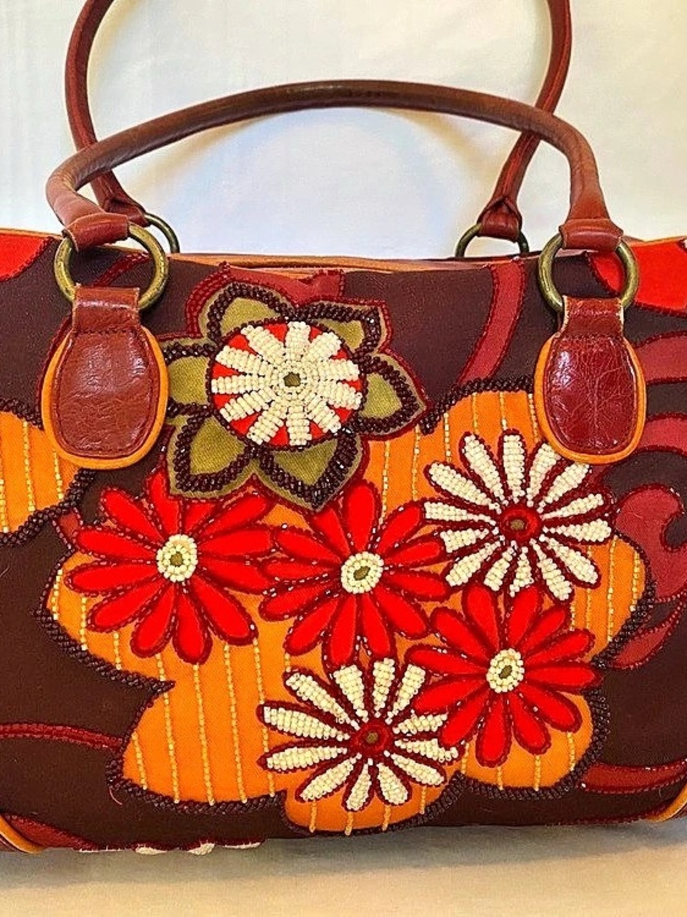 Isabella Fiore Floral Embroidered Shoulder Bag in Red & Brown